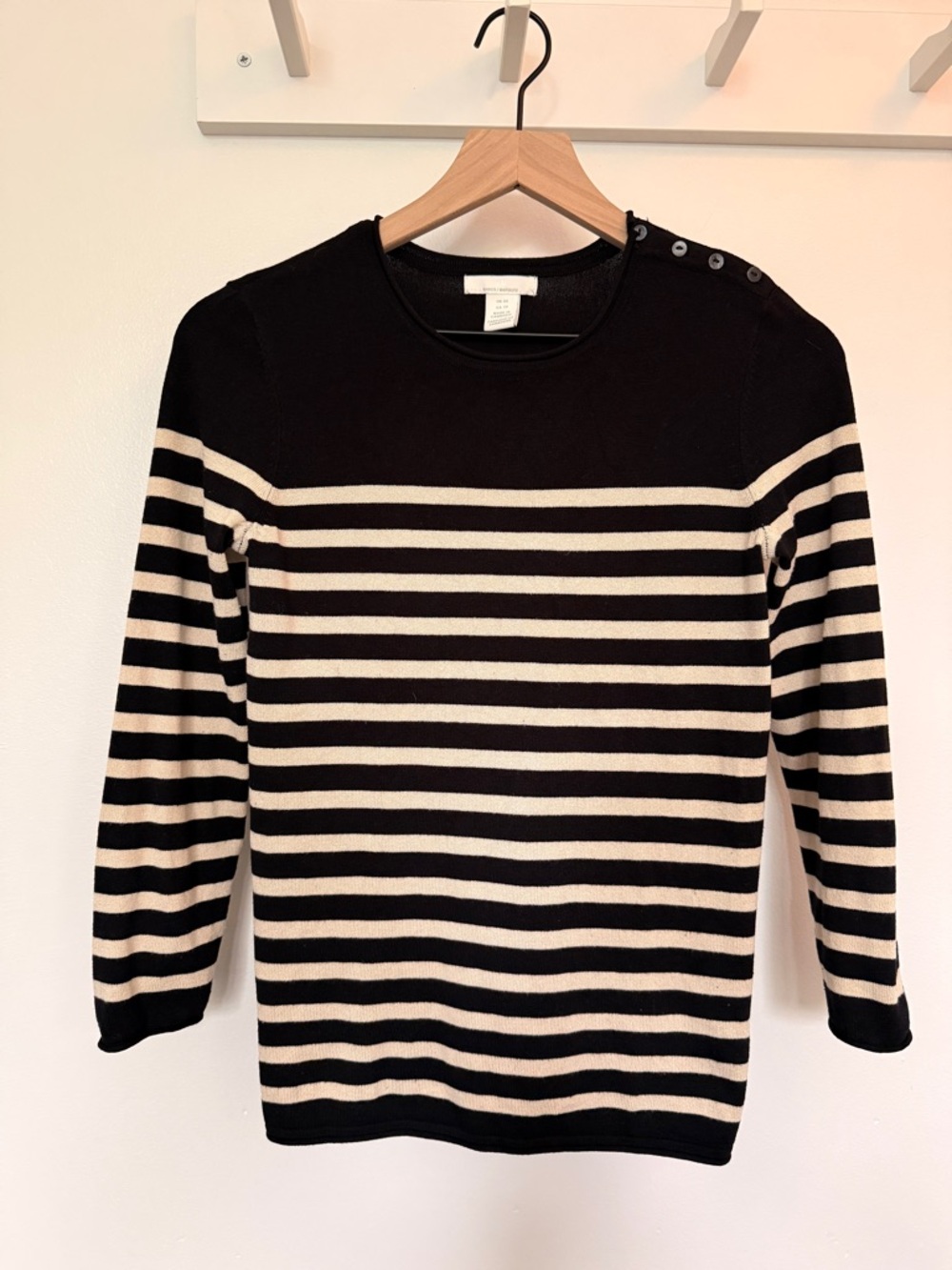 H&M Striped Black and Cream Crewneck Sweater With Button Detail - Size XS